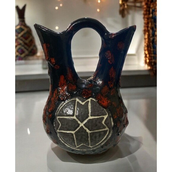 Native American Pueblo Pottery Wedding Vase Signed 7” Black Red Clay - Picture 1 of 9